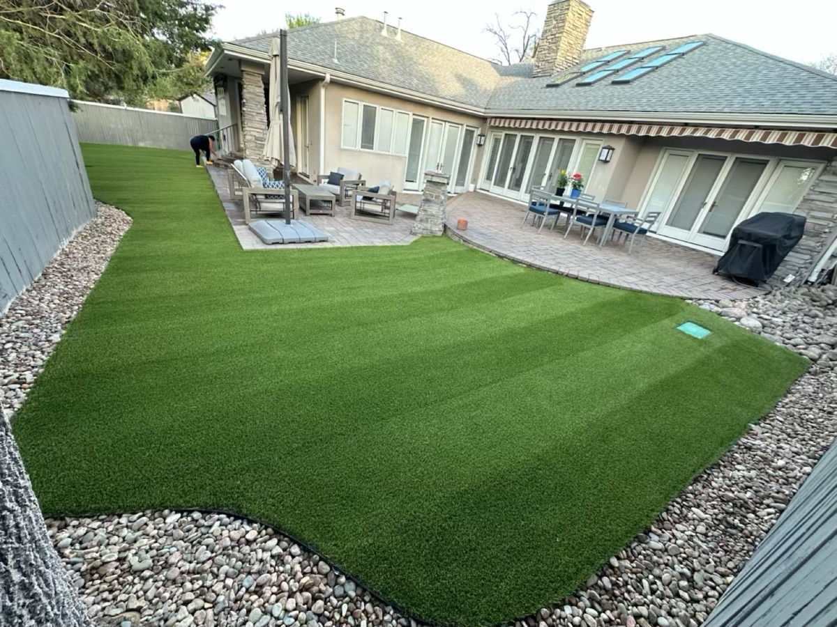 Residential artificial turf with patio furniture