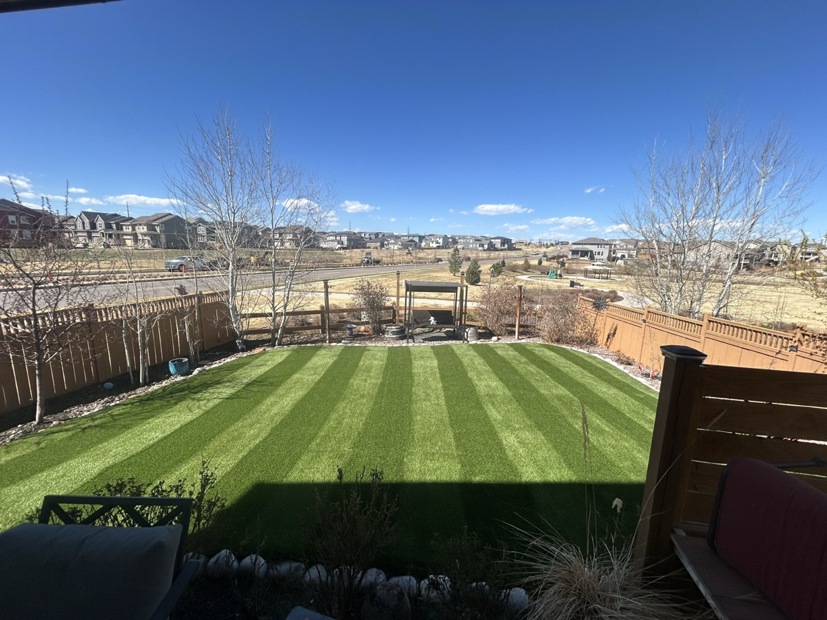 Large striped backyard lawn with Colorado sky